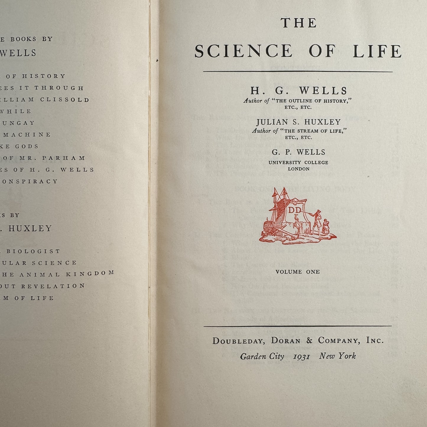 The Science of Life, Volume One, First Edition with Dust Jacket, 1931