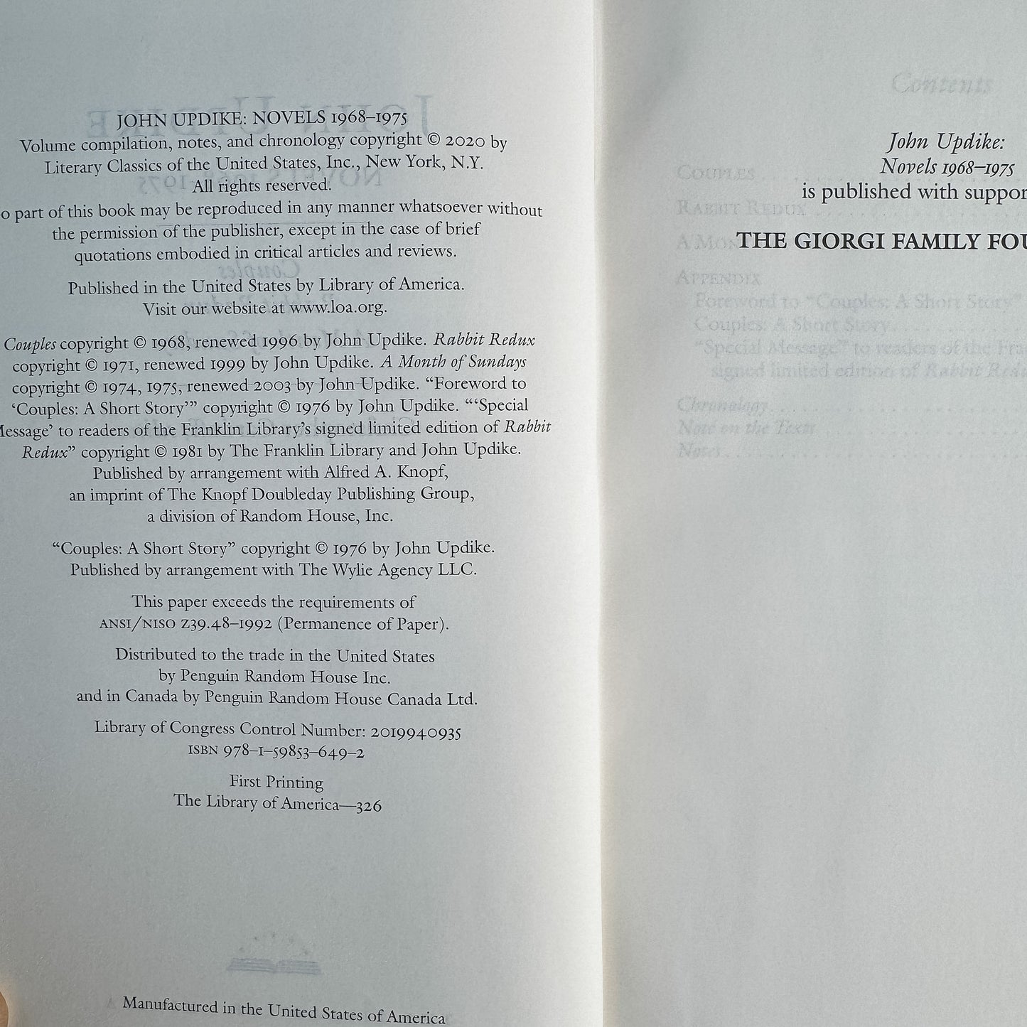 John Updike: Novels 1968–1975, Library of America, First Printing 2020