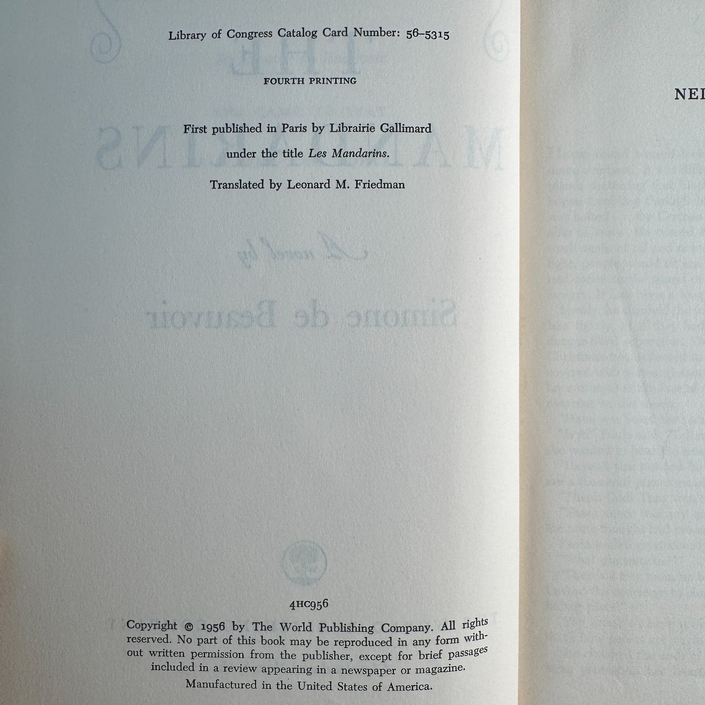 The Mandarins, Simone de Beauvoir, 1956, Fourth Printing