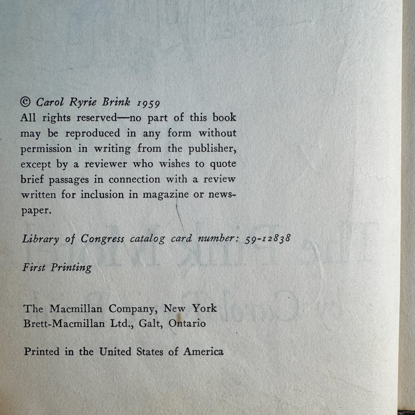 The Pink Motel, Carol Ryrie Brink, 1959, First Printing