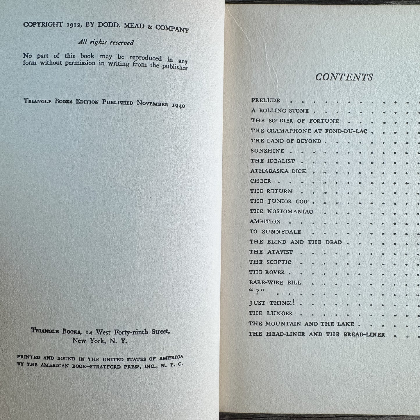 Rhymes of a Rolling Stone, Robert Service, 1940, Triangle Books Edition