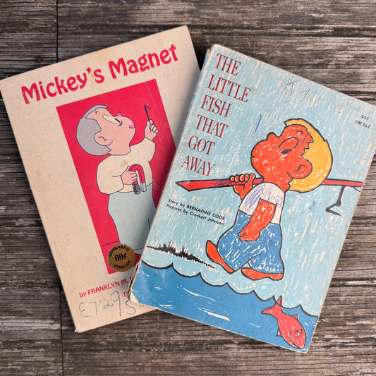 Set of 2 Vintage See-Saw Books by Crockett Johnson: Mickey’s Magnet & The Little Fish That Got Away