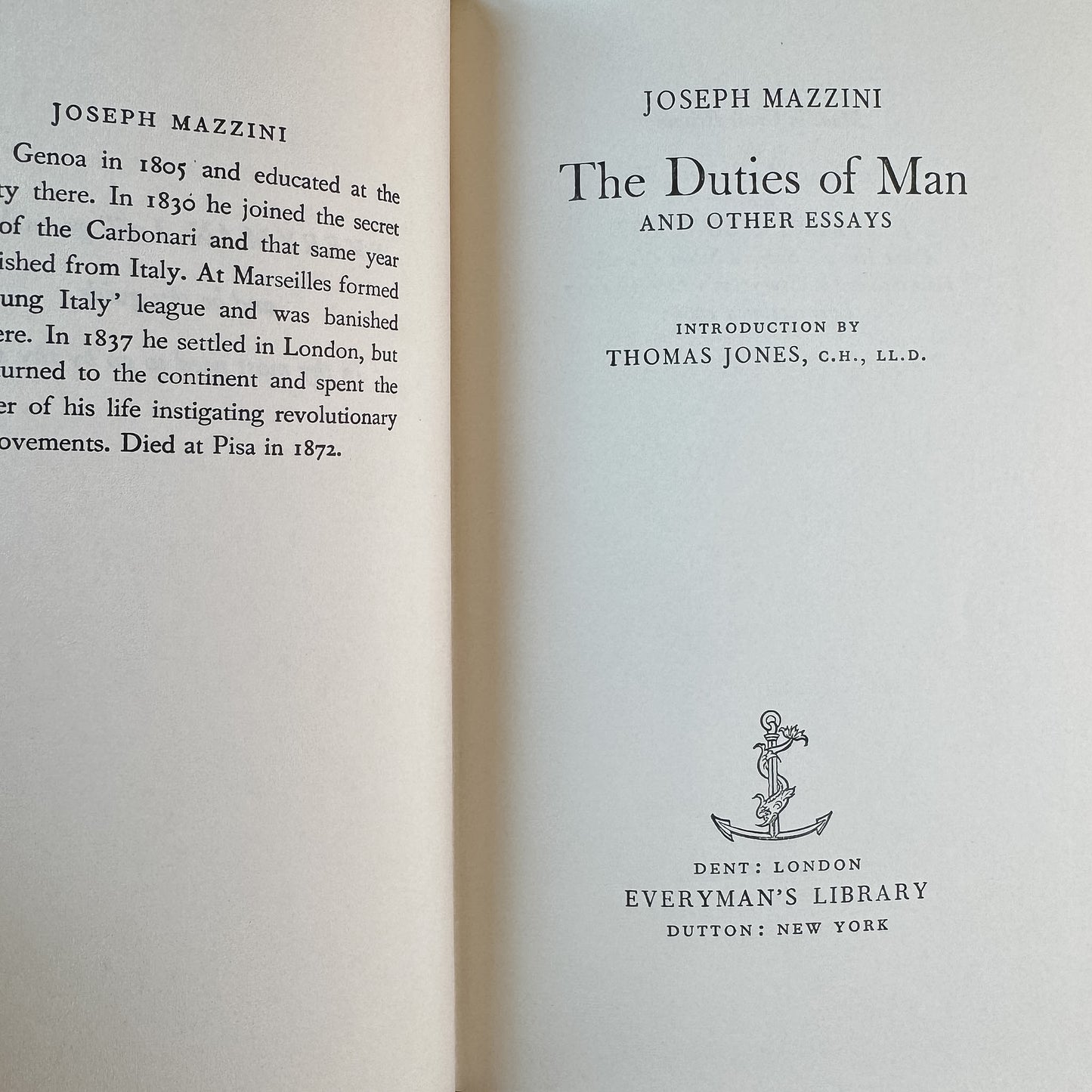 The Duties of Man and Other Essays, Joseph Mazzini, 1966 Everyman's Library Edition