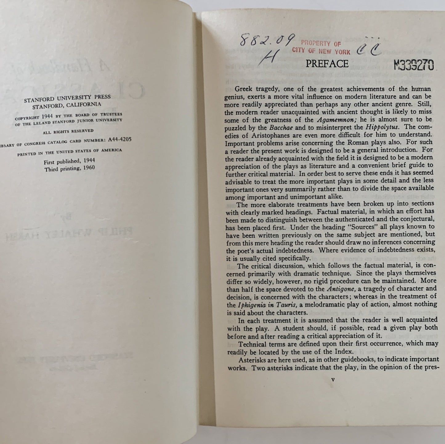 A Handbook of Classical Drama, Hardcover 1960 - Pretty Old Books