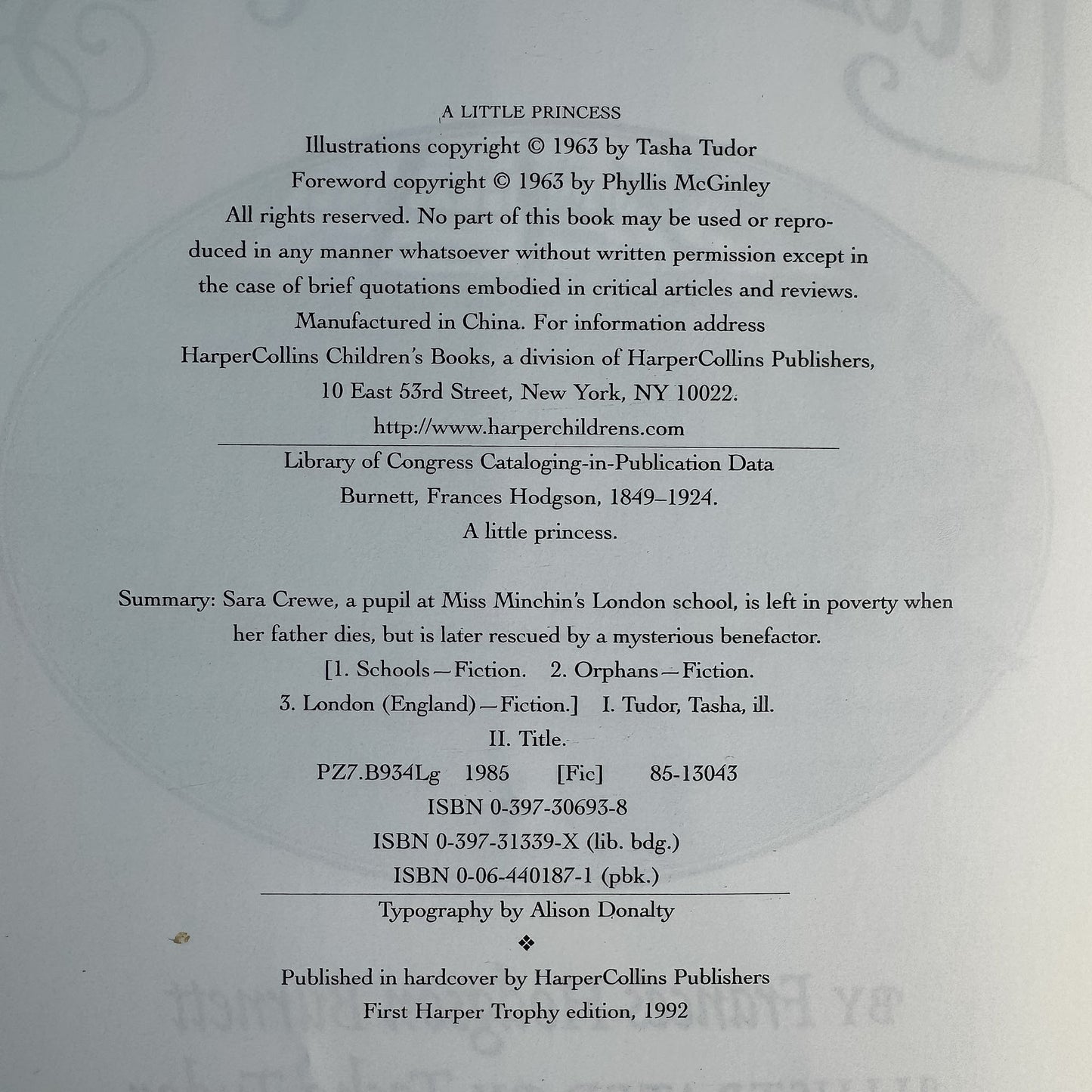 A Little Princess, Frances Hodgson Burnett, 1992, Illustrated by Tasha Tudor - Pretty Old Books