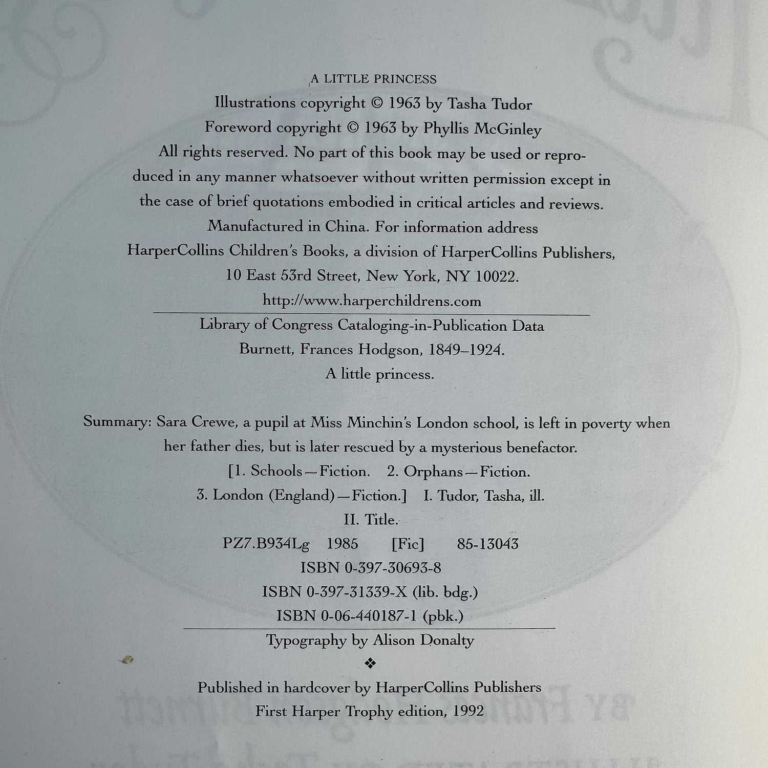 A Little Princess, Frances Hodgson Burnett, 1992, Illustrated by Tasha Tudor - Pretty Old Books