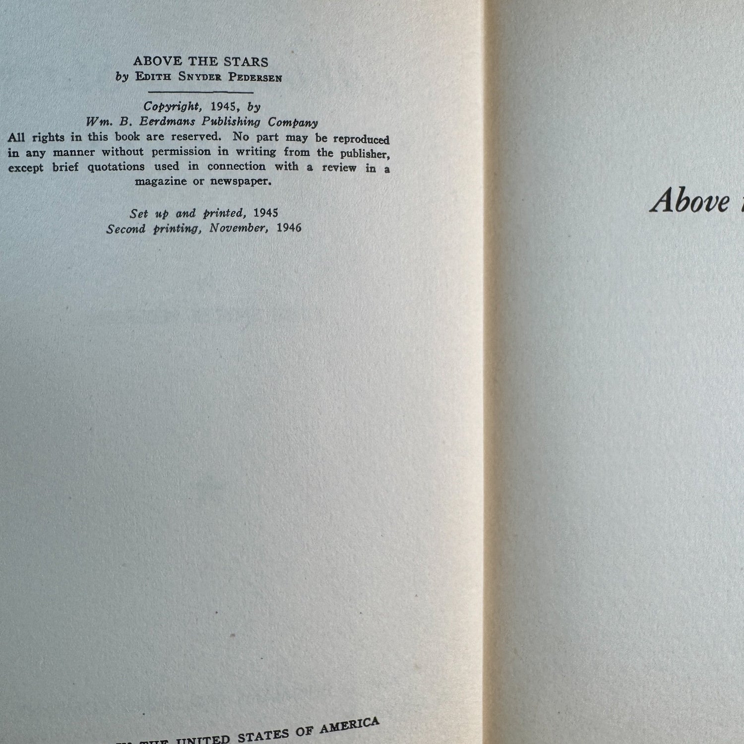 Above the Stars, Edith Snyder Pedersen, 1945, 2nd Printing 1946 - Pretty Old Books