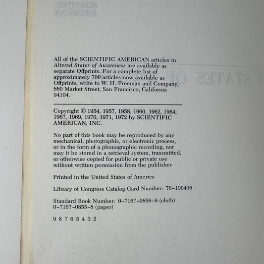 Altered States of Awareness — Scientific American Readings — 1972 Vintage Psychology & Consciousness Studies Paperback - Pretty Old Books