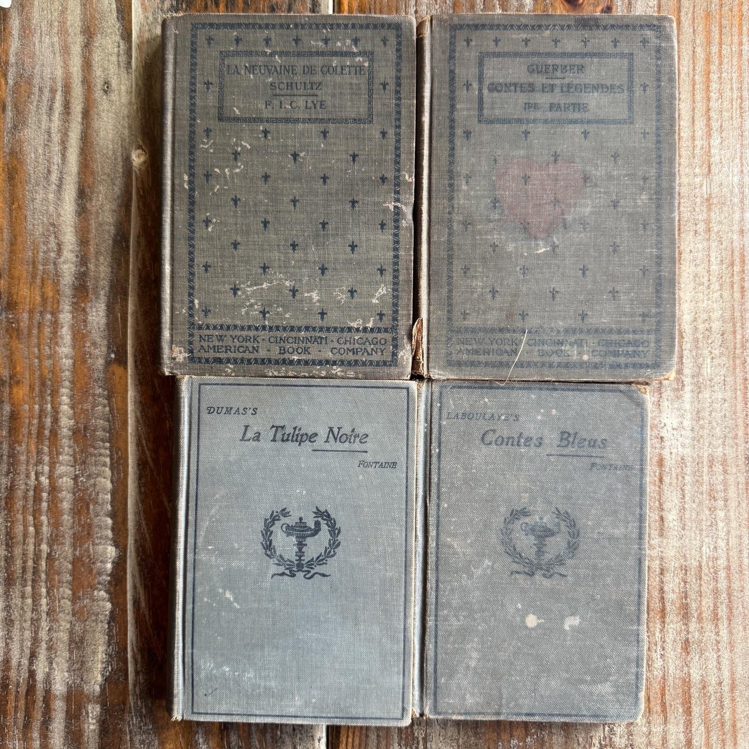 Antique Blue and Green French School Book Bundle For Decor - Pretty Old Books