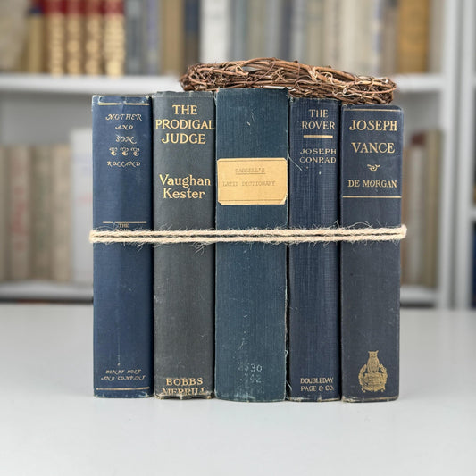 Antique Blue Book Set for Shelf Styling, Denim Blue Vintage Book Bundle - Pretty Old Books