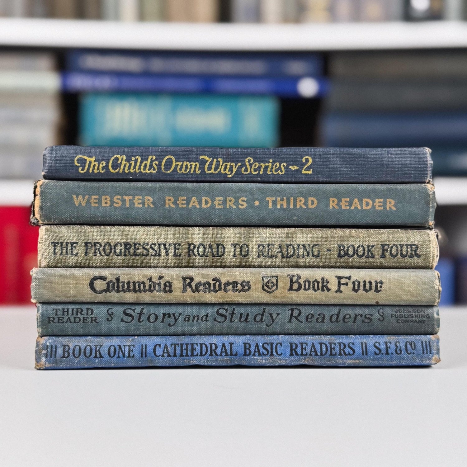 Antique Blue School Book Bundle, 1920s and 1930s Early Readers and Primers, School Shelf Styling - Pretty Old Books