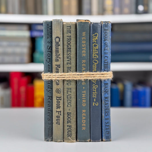 Antique Blue School Book Bundle, 1920s and 1930s Early Readers and Primers, School Shelf Styling - Pretty Old Books