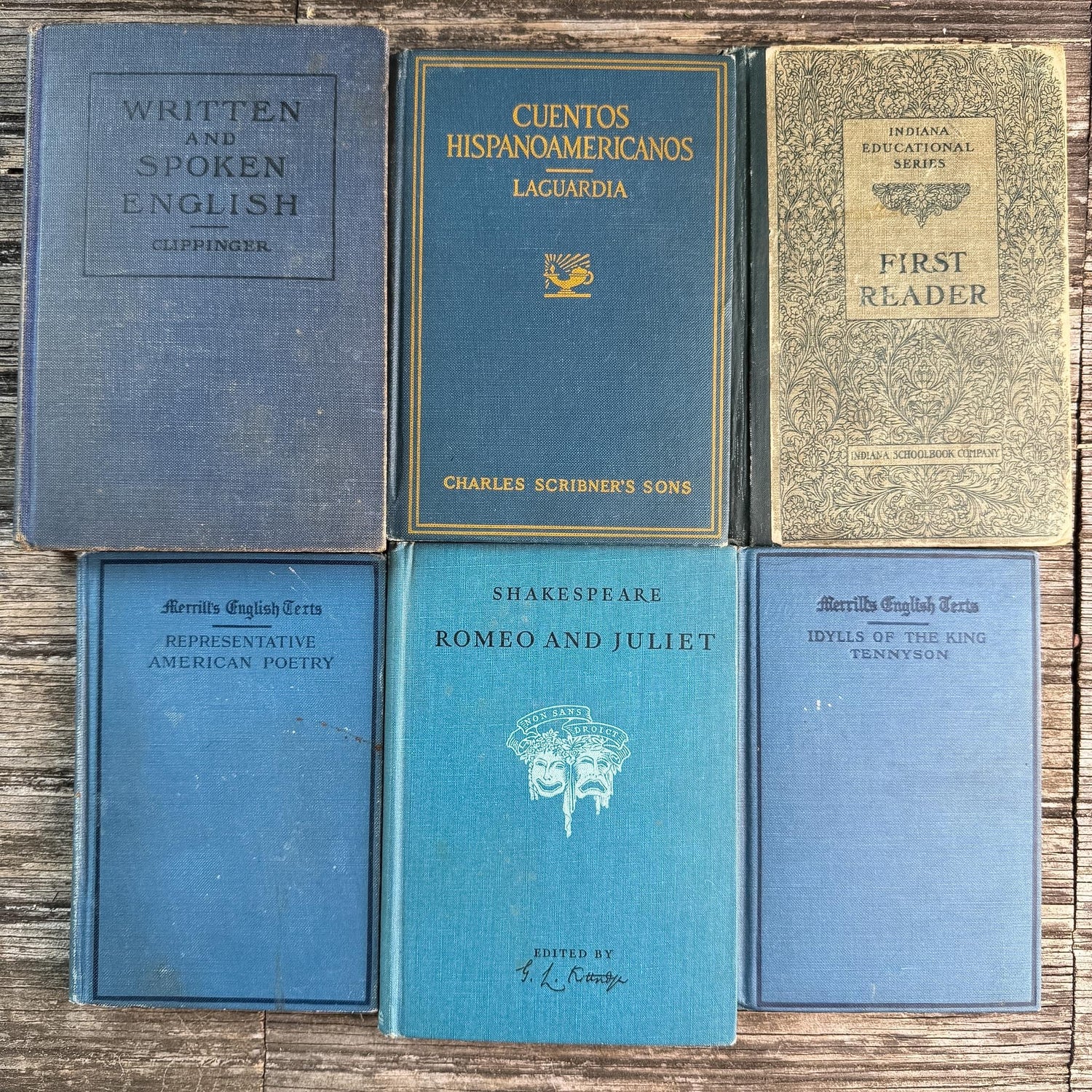 Antique Blue Small School Books and Classics For Styling, Tennyson, Shakepeare - Pretty Old Books