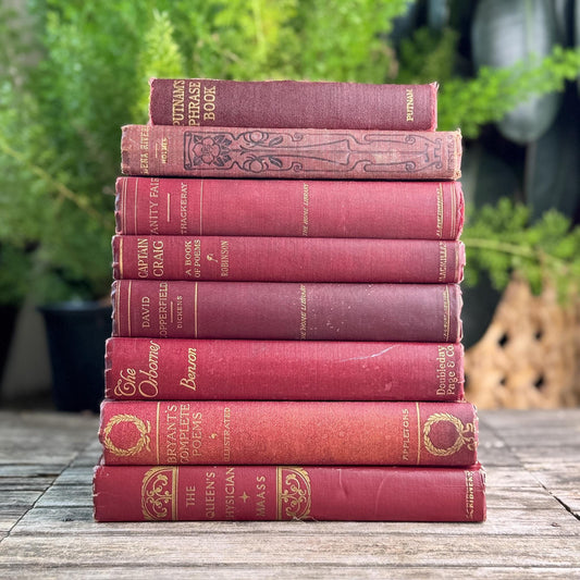 Antique Dark Red and Gold Book Set, Books By Color for Shelf Styling - Pretty Old Books