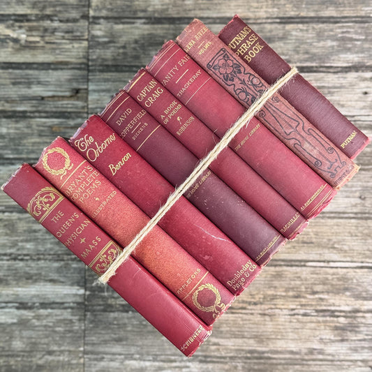 Antique Dark Red and Gold Book Set, Books By Color for Shelf Styling - Pretty Old Books