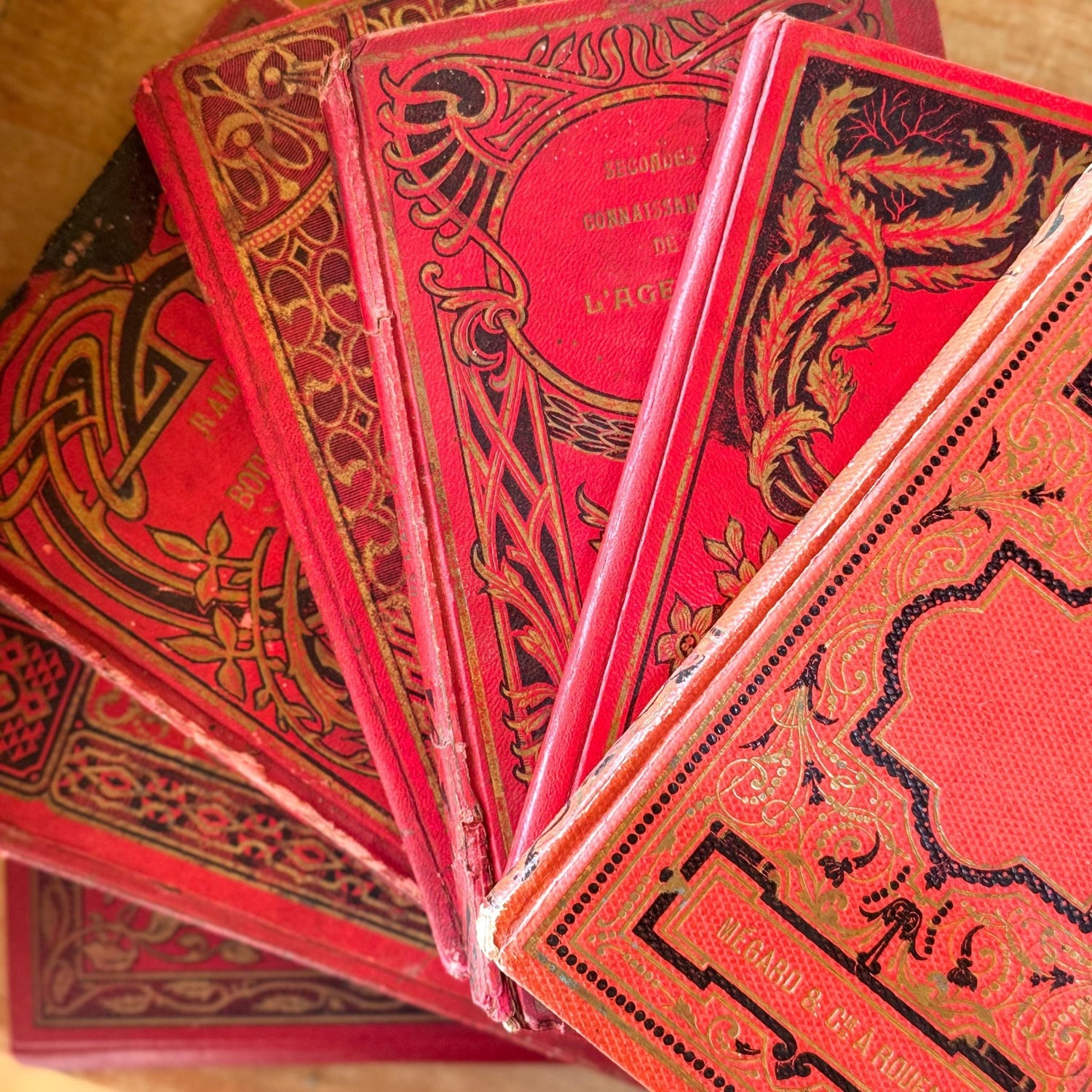 Antique French Book Bundle, Art Nouveau Gilt and Black Covers, Children's Prize Books - Pretty Old Books