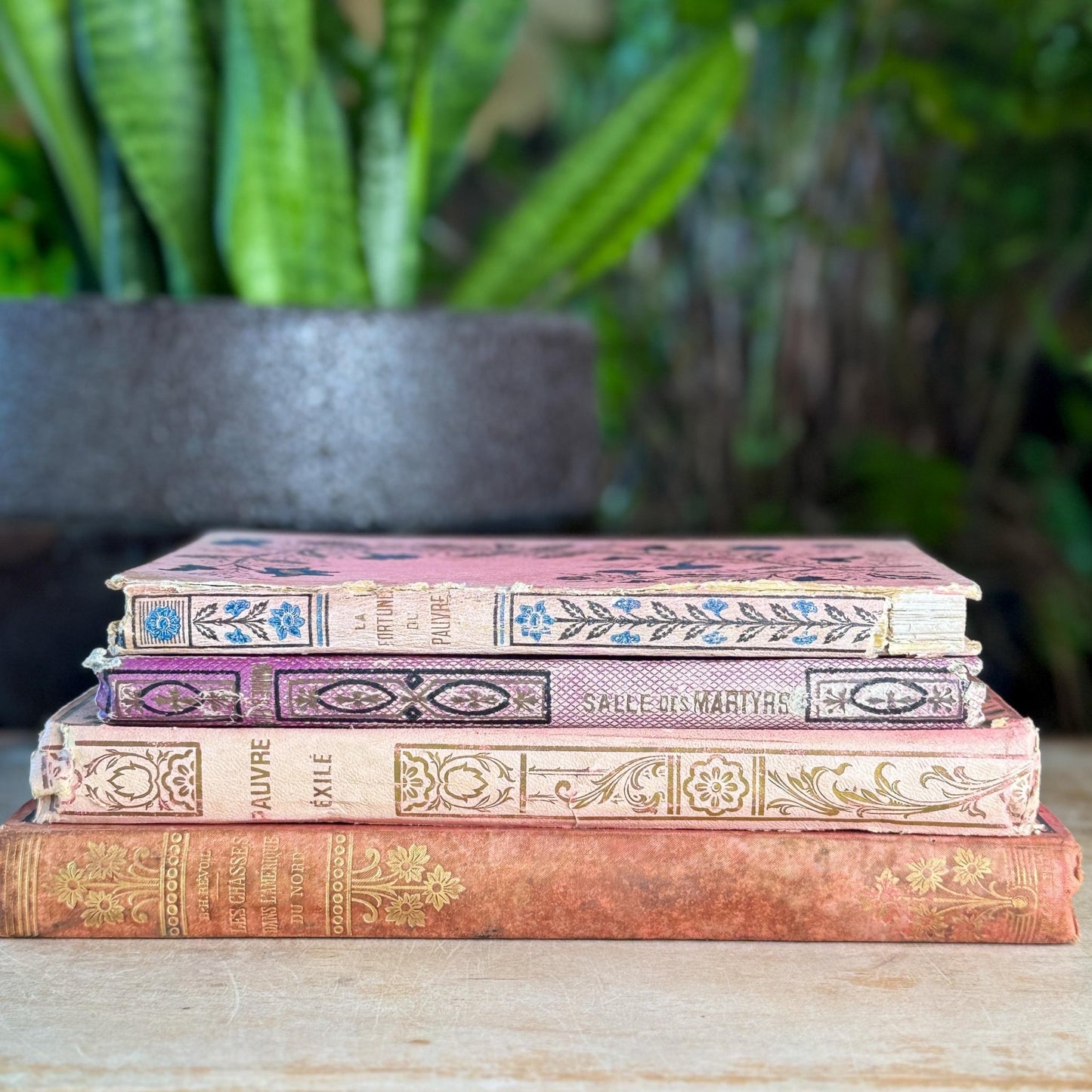 Antique French Book Bundle in Pink, Purple, and Faded Red With Floral Covers - Pretty Old Books