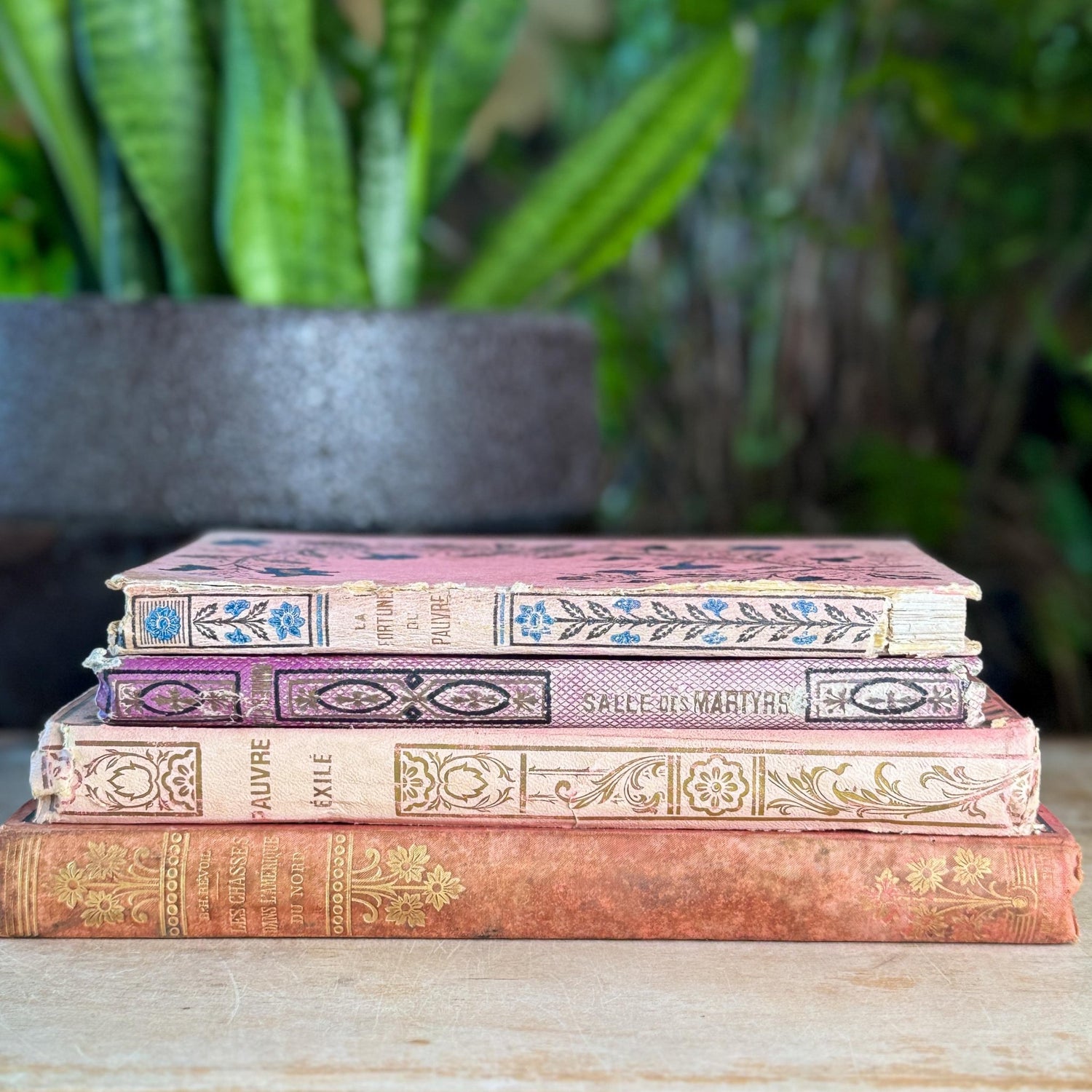 Antique French Book Bundle in Pink, Purple, and Faded Red With Floral Covers - Pretty Old Books