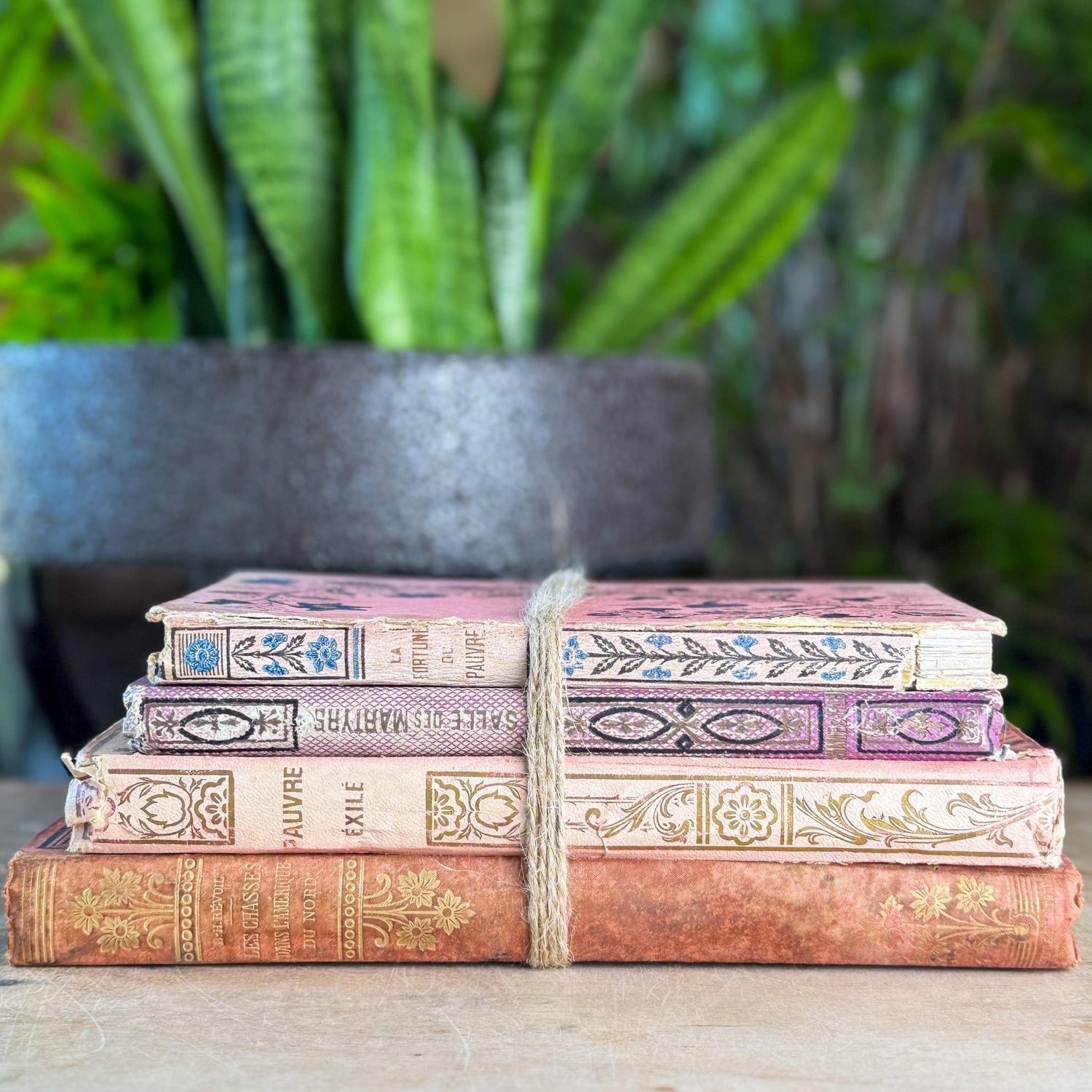 Antique French Book Bundle in Pink, Purple, and Faded Red With Floral Covers - Pretty Old Books