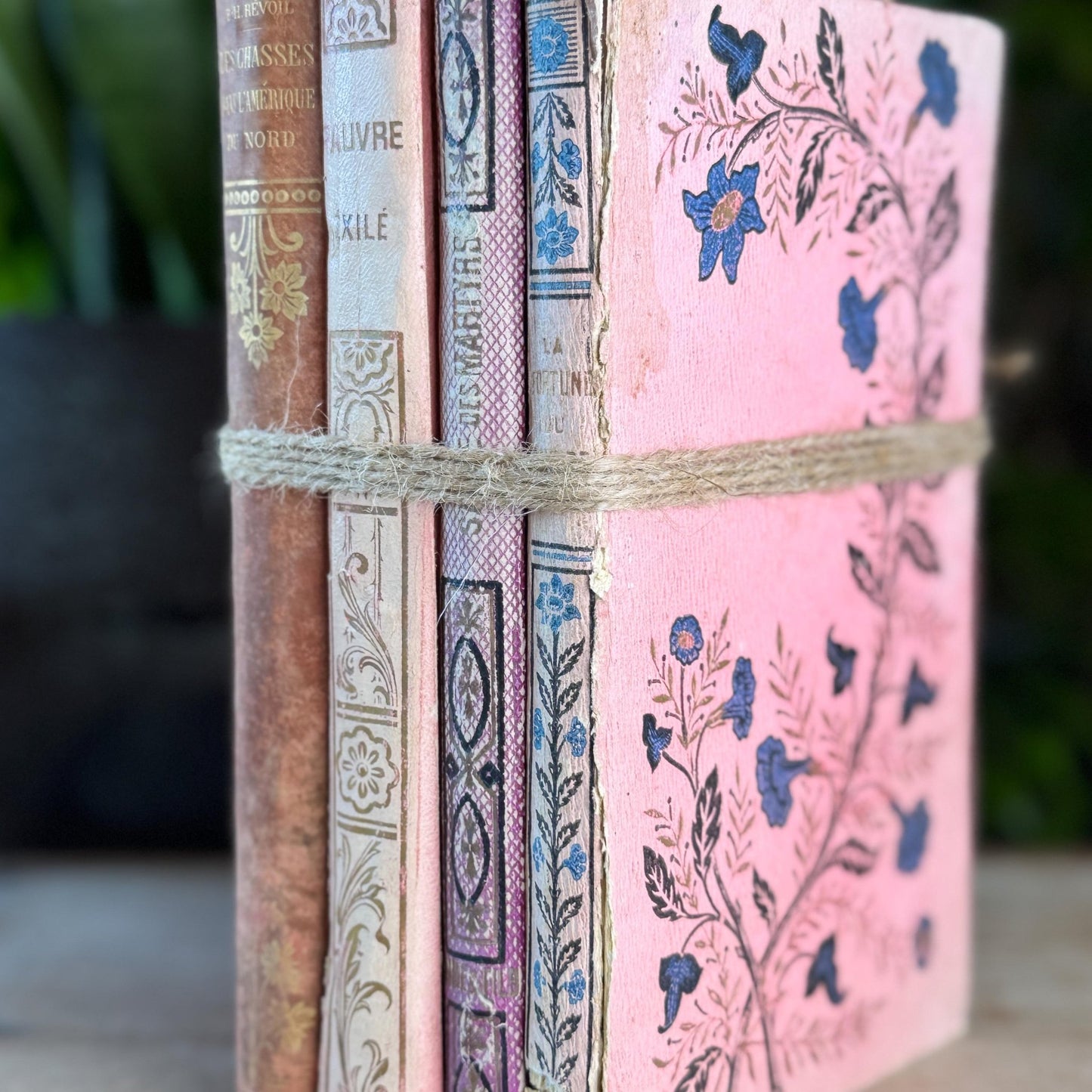 Antique French Book Bundle in Pink, Purple, and Faded Red With Floral Covers - Pretty Old Books