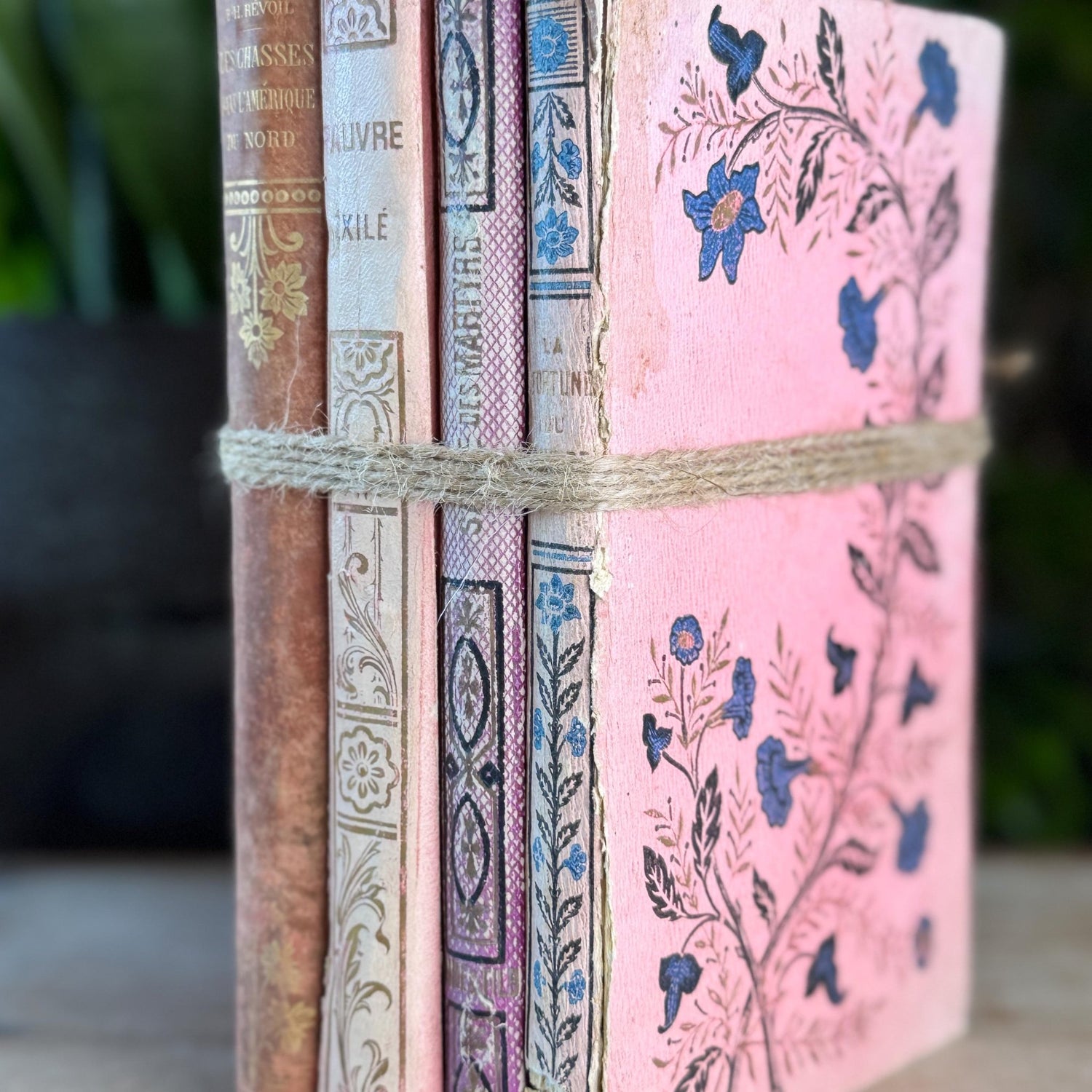 Antique French Book Bundle in Pink, Purple, and Faded Red With Floral Covers - Pretty Old Books