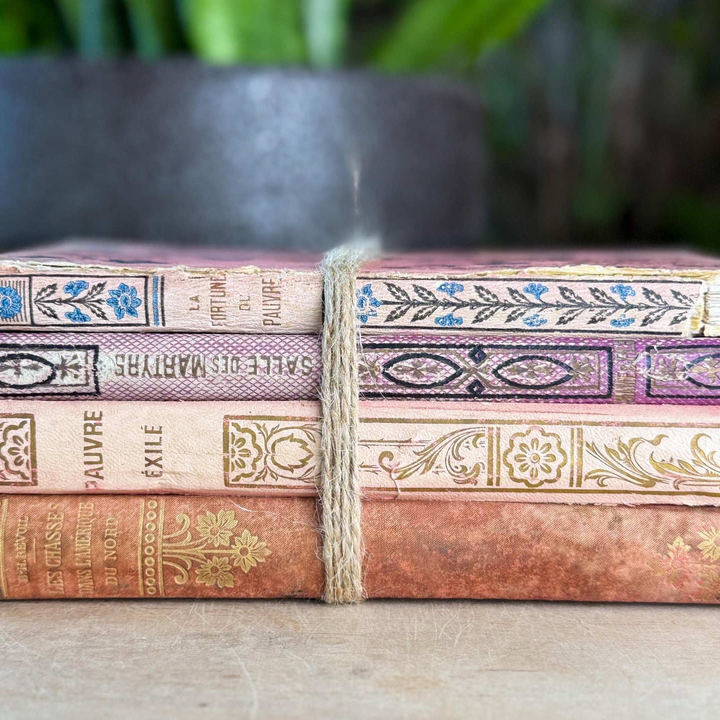 Antique French Book Bundle in Pink, Purple, and Faded Red With Floral Covers - Pretty Old Books