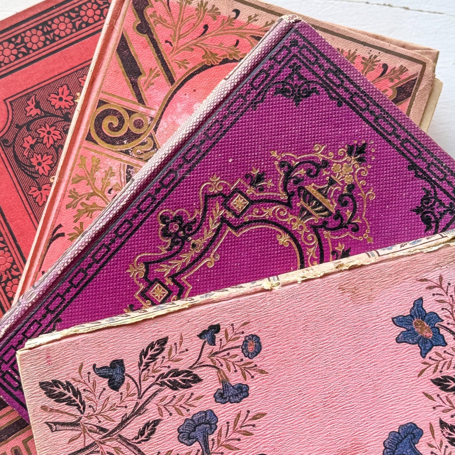 Antique French Book Bundle in Pink, Purple, and Faded Red With Floral Covers - Pretty Old Books