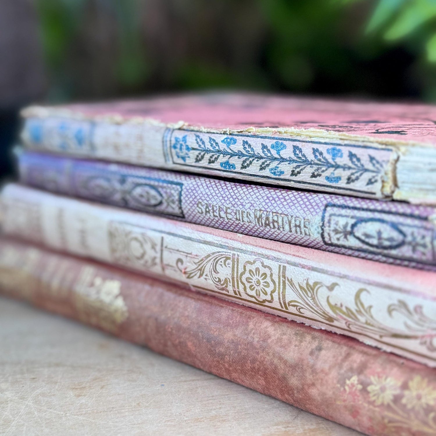 Antique French Book Bundle in Pink, Purple, and Faded Red With Floral Covers - Pretty Old Books