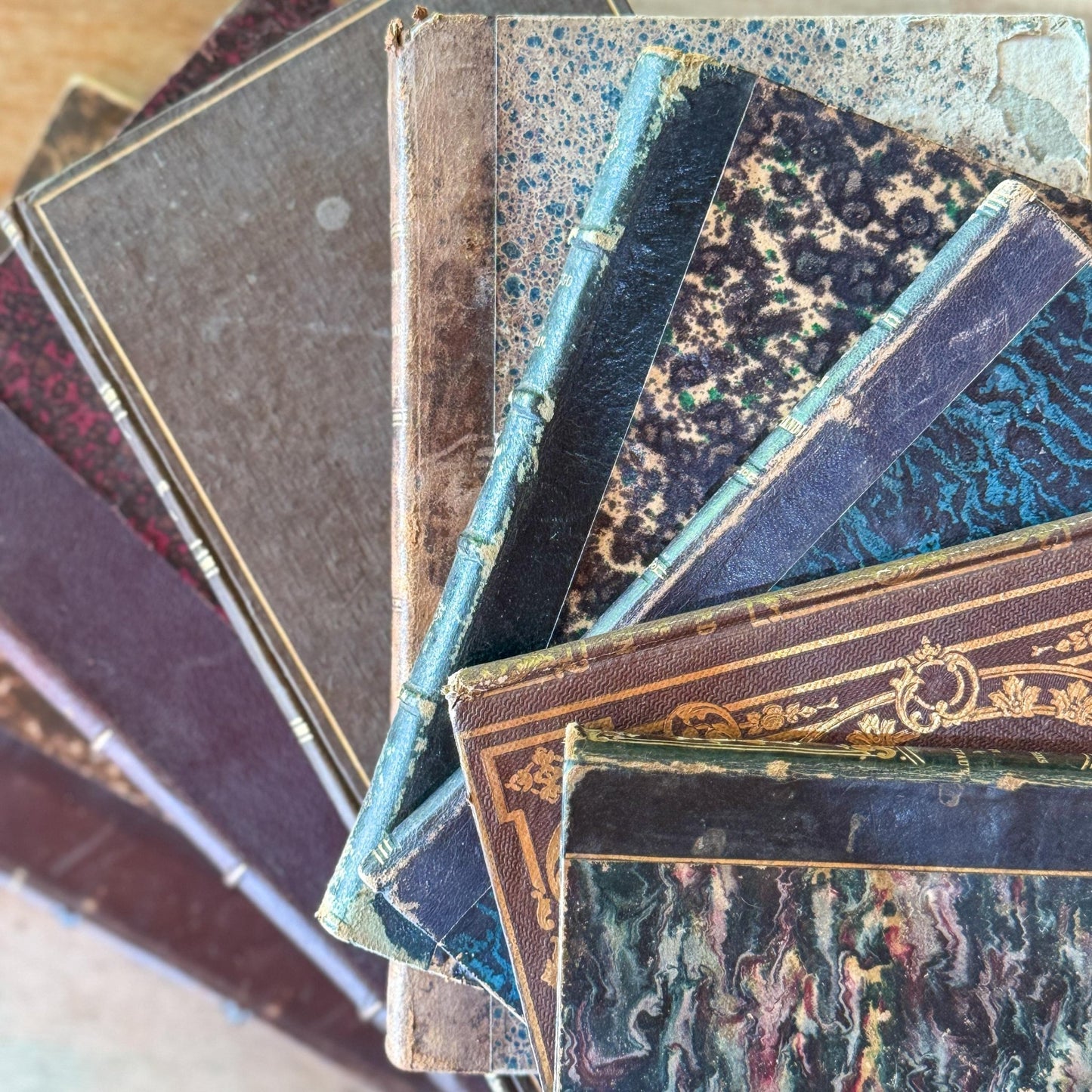 Antique French Leather Book Bundle of Slim Brown Books 1821-1900s, Victor Hugo Hernani, Walter Scott - Pretty Old Books