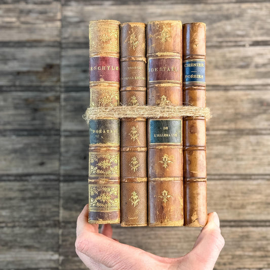 Antique French Leather Book Set with Aeschylus, Madame de Staël, Chénier, Bourget, Caramel & Tan with Marbled Boards - Pretty Old Books