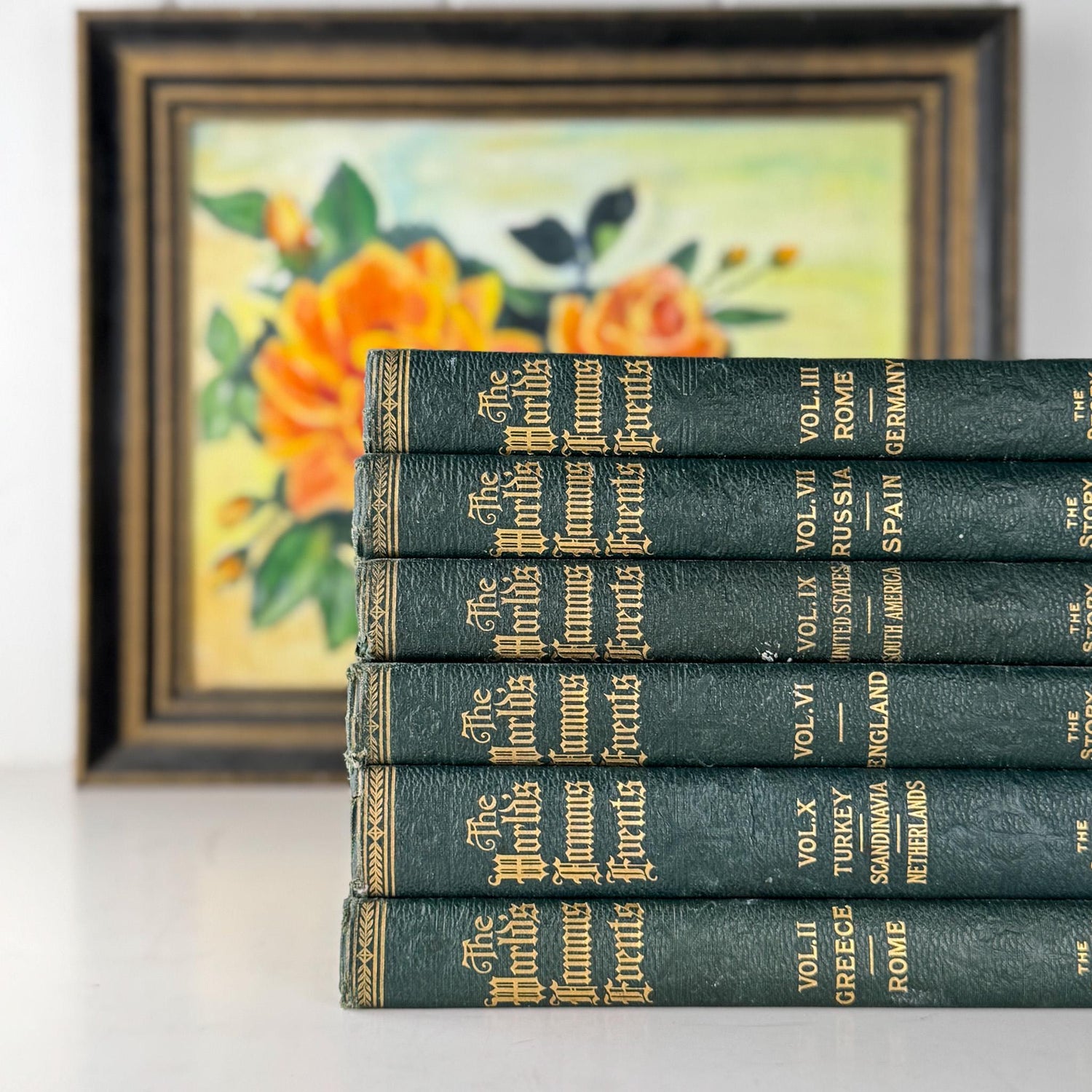 Antique Green Book Set, The Story of the Greatest Nations and The World's Famous Events, 1919 - Pretty Old Books