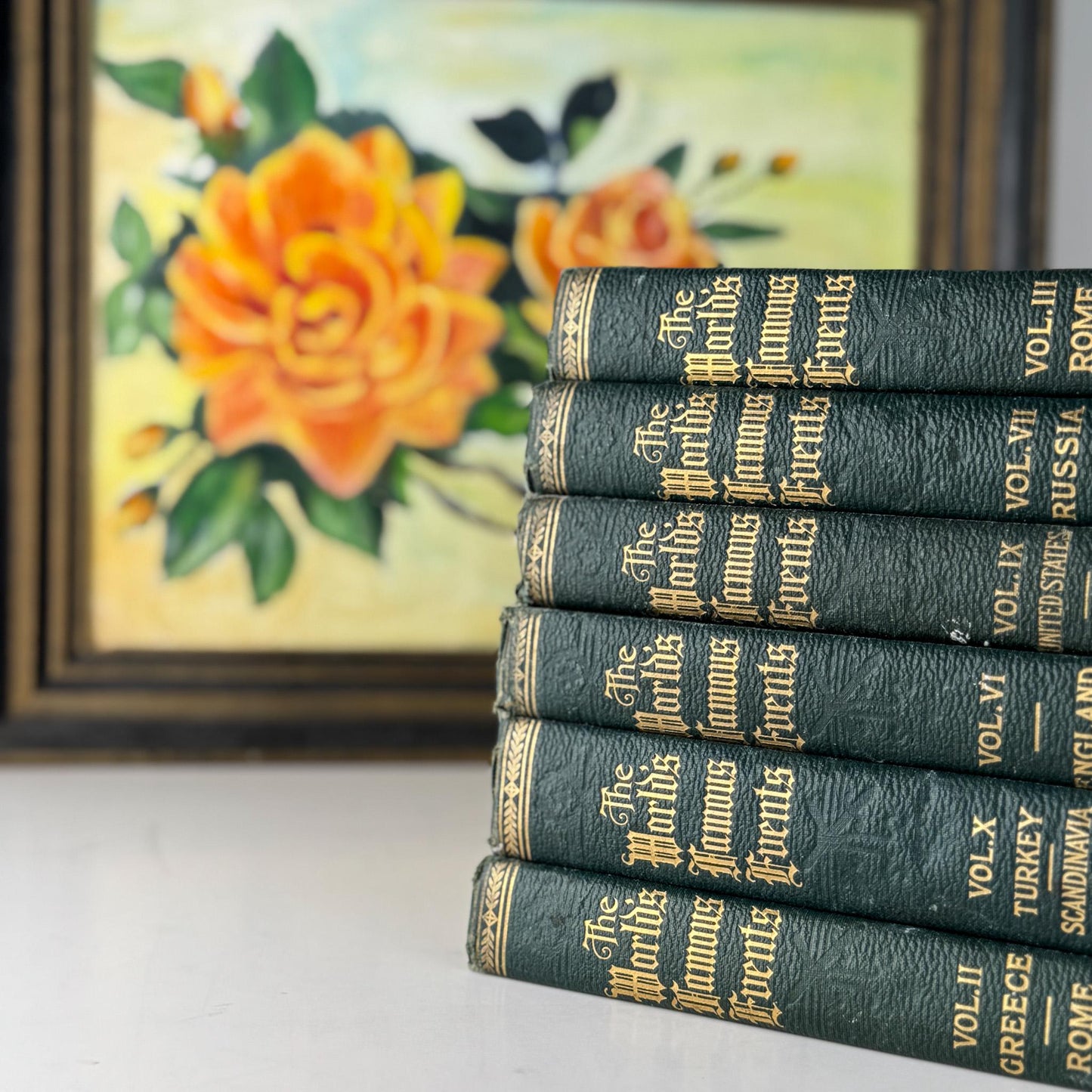 Antique Green Book Set, The Story of the Greatest Nations and The World's Famous Events, 1919 - Pretty Old Books