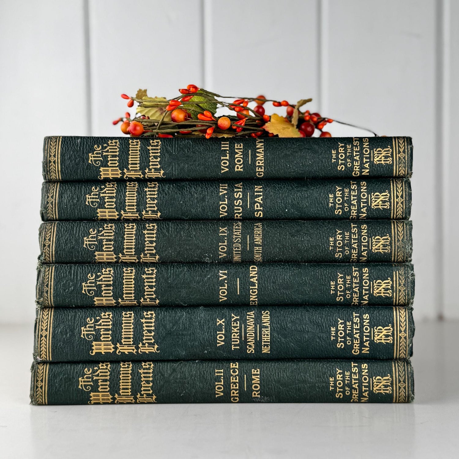 Antique Green Book Set, The Story of the Greatest Nations and The World's Famous Events, 1919 - Pretty Old Books