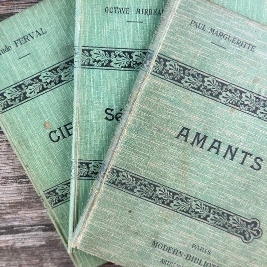 Antique Green French Book Set of Slim and Tall Volumes - Pretty Old Books