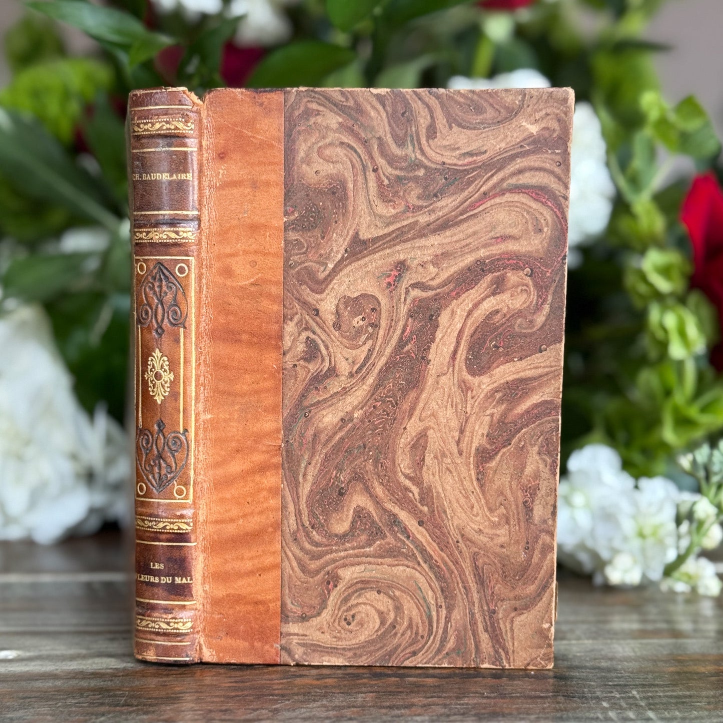 Antique Leather - Bound French Edition of Les Fleurs du Mal, Charles Baudelaire - Pretty Old Books