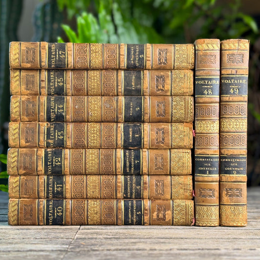 Antique Leather-Bound Voltaire Books in French, 1824, Gold Black and Brown - Pretty Old Books