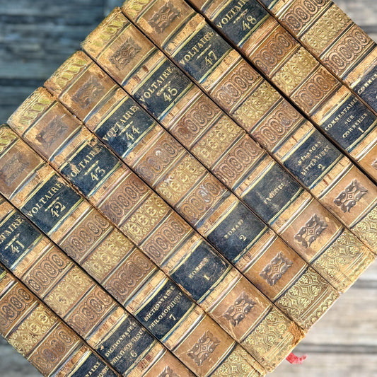 Antique Leather-Bound Voltaire Books in French, 1824, Gold Black and Brown - Pretty Old Books