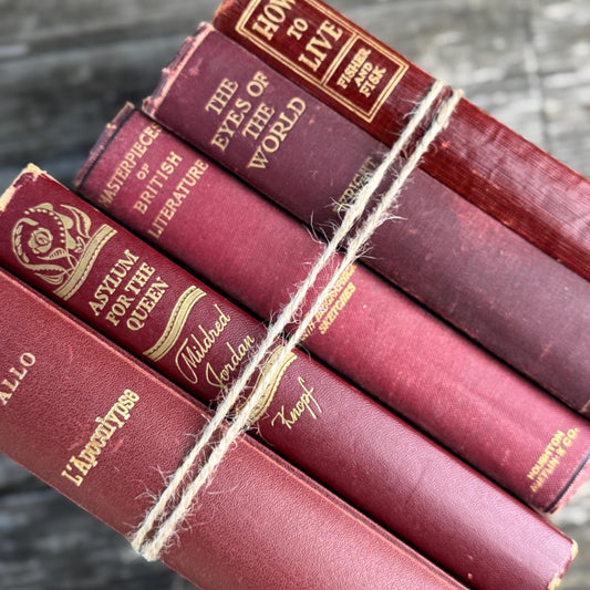 Antique Maroon Red and Gold Book Set, Books By Color for Shelf Styling - Pretty Old Books