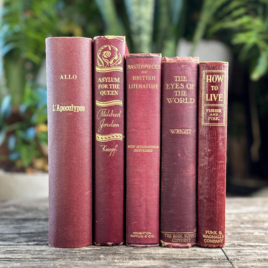 Antique Maroon Red and Gold Book Set, Books By Color for Shelf Styling - Pretty Old Books