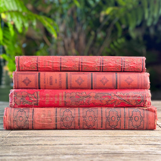 Antique Oversized Red Ornate French Book Set, Joan of Arc Cover, Illustrated, 4 Volumes - Pretty Old Books