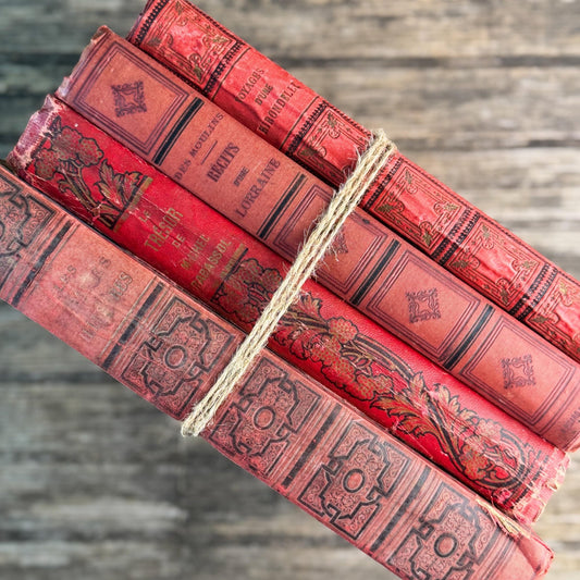 Antique Oversized Red Ornate French Book Set, Joan of Arc Cover, Illustrated, 4 Volumes - Pretty Old Books