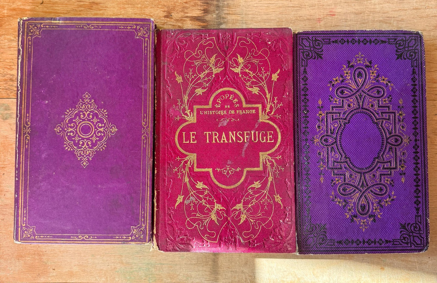 Antique Purple French Book Bundle With Gilt Embossed Covers and School Prize Labels - Pretty Old Books