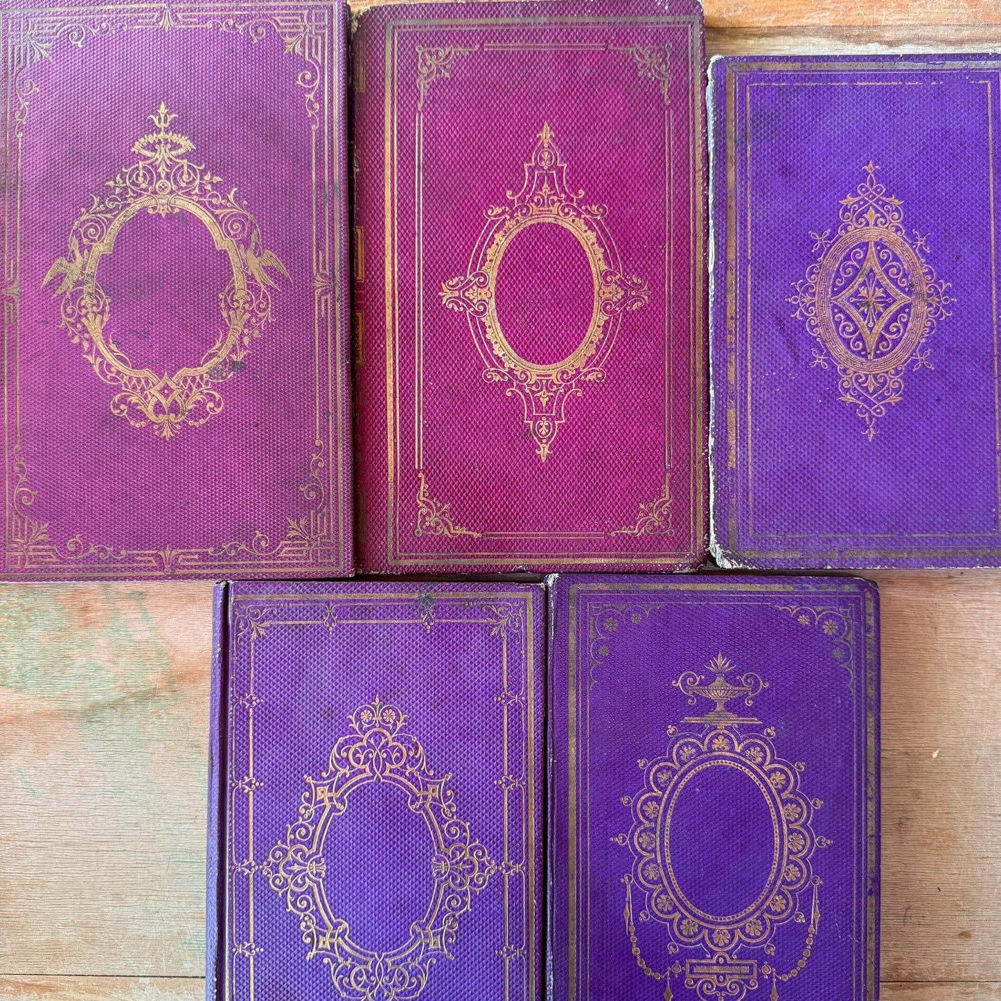 Antique Purple French Book Bundle With Gilt Embossed Covers and School Prize Labels - Pretty Old Books