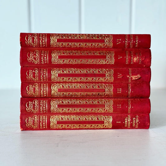 Antique Red and Gold Ornate Norwegian Leather Bound Book Set from 1910s, Collected Works of Hans Aanrud - Pretty Old Books