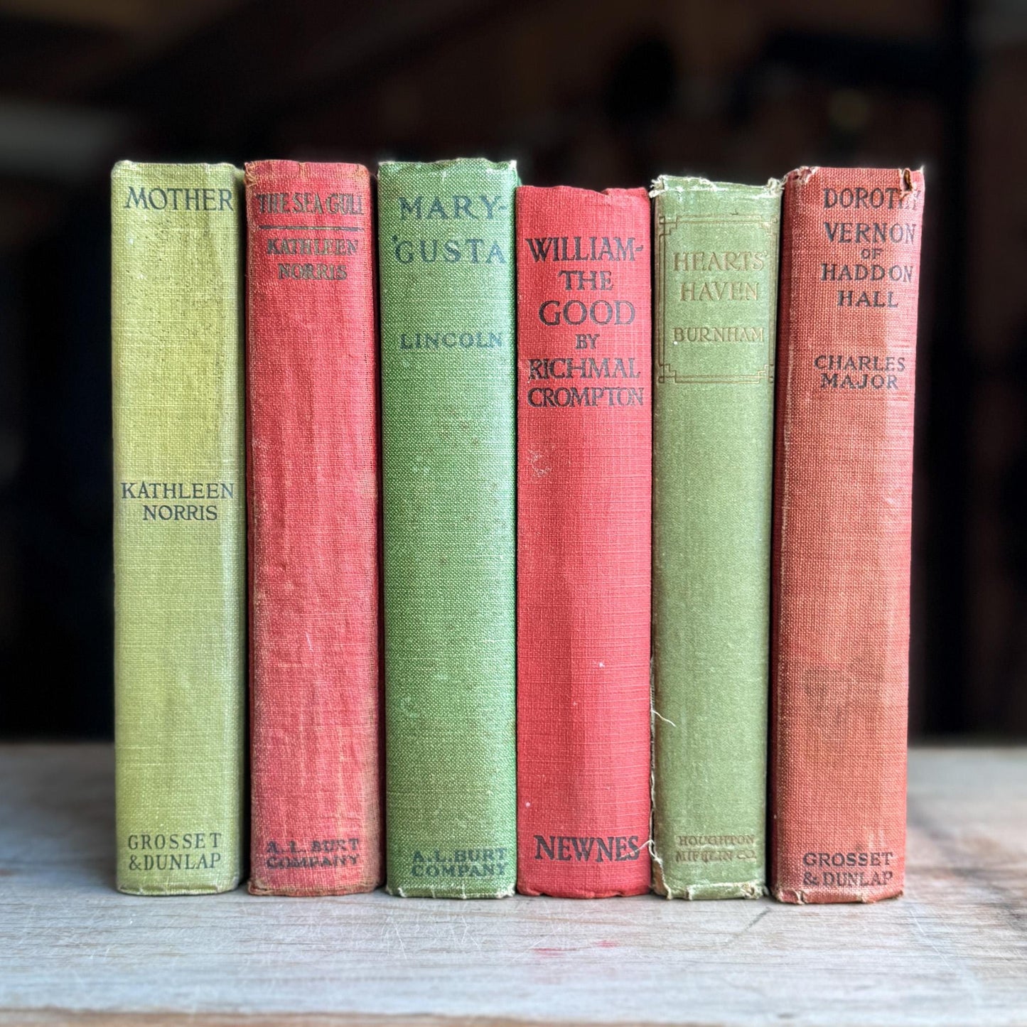 Antique Red and Green Book Set for Christmas Decor, Holiday Mantel, Shelf Styling - Pretty Old Books