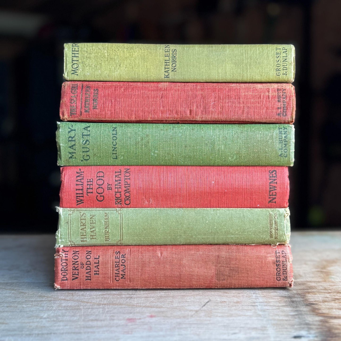 Antique Red and Green Book Set for Christmas Decor, Holiday Mantel, Shelf Styling - Pretty Old Books