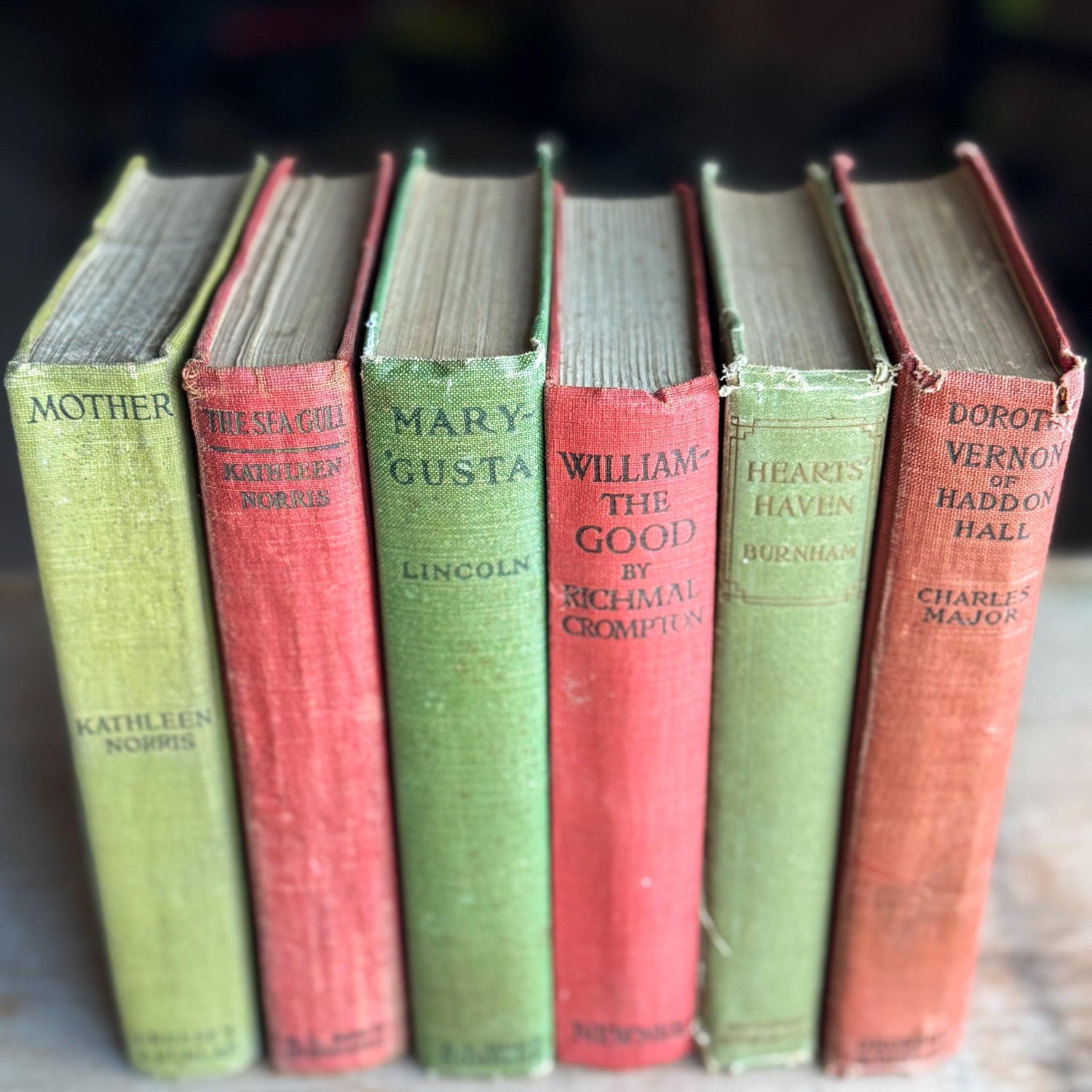 Antique Red and Green Book Set for Christmas Decor, Holiday Mantel, Shelf Styling - Pretty Old Books