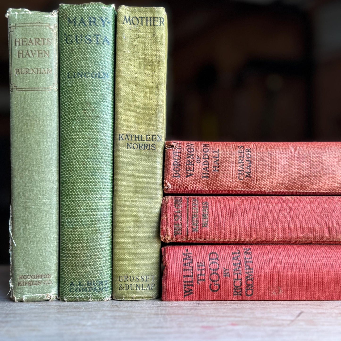 Antique Red and Green Book Set for Christmas Decor, Holiday Mantel, Shelf Styling - Pretty Old Books