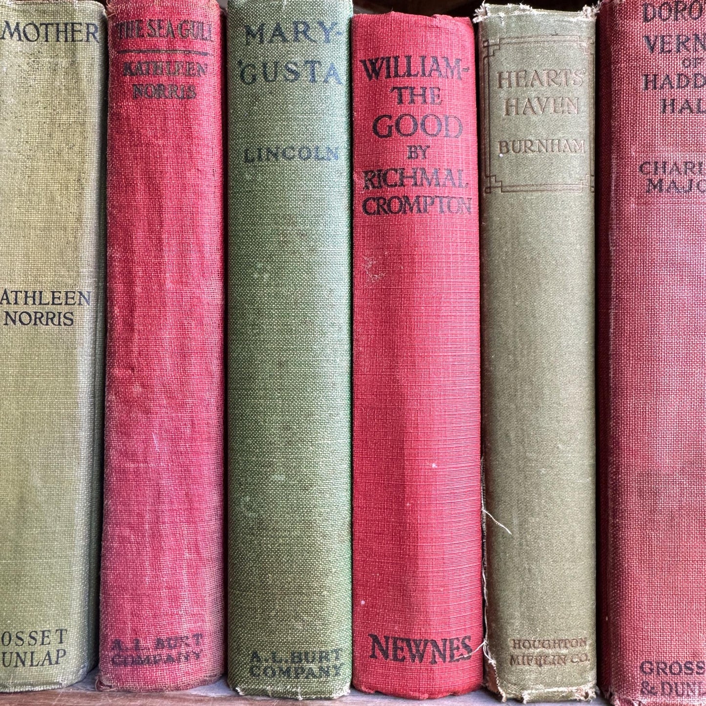Antique Red and Green Book Set for Christmas Decor, Holiday Mantel, Shelf Styling - Pretty Old Books