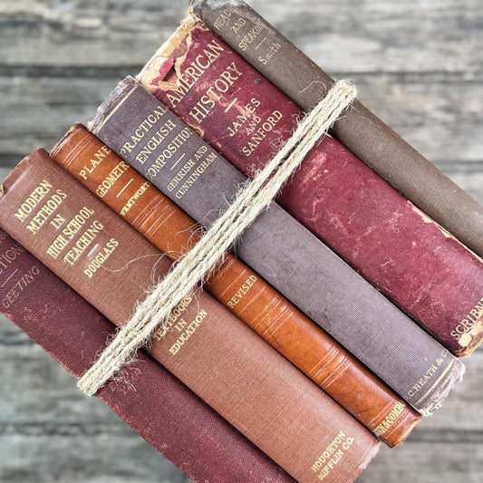 Antique Red, Copper, and Brown School Book Bundle for Shelf Styling - Pretty Old Books